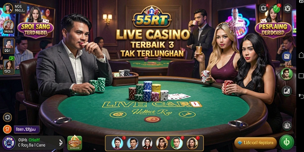 Screenshot gameplay 55RT menunjukkan dealer langsung dan suasana kasino yang autentik.