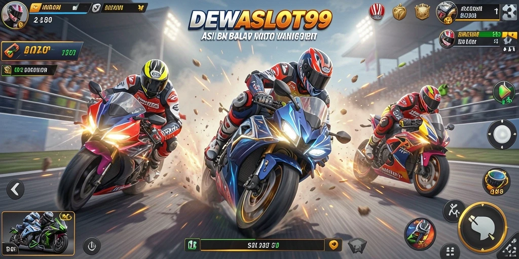 Screenshot utama DEWASLOT99 menampilkan aksi balap motor yang intens dan menegangkan.
