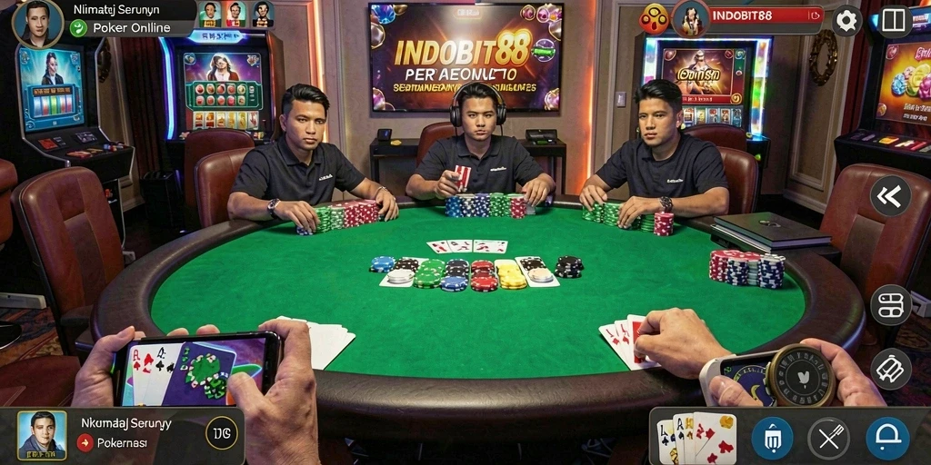Tampilan utama gameplay poker di INDOBIT88 yang seru.