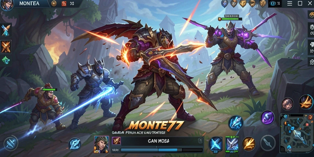 Screenshot gameplay MOBA yang menegangkan dalam MONTE77.