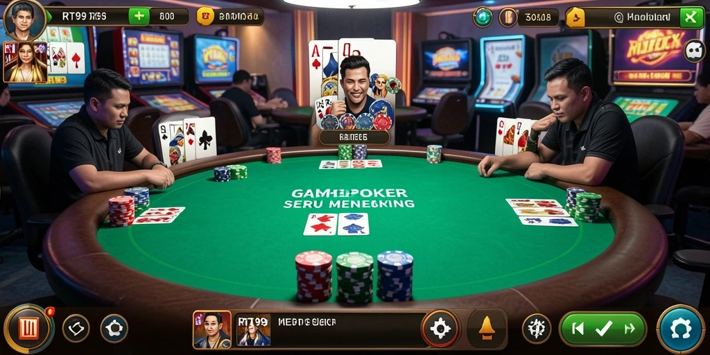 Screenshot utama RT99 menampilkan kegembiraan gameplay poker yang seru.