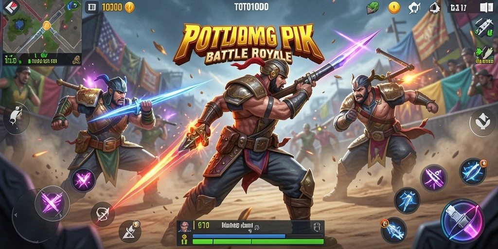 Screenshot utama TOTO1000 menampilkan pertempuran seru dalam arena Battle Royale.